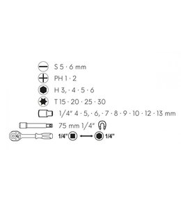 Ráčna oboustranná s bity a adaptery 1/4" 23 ks