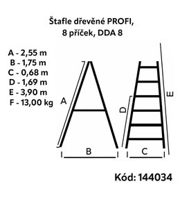 Štafle dřevěné PROFI, 8 příček, L = 255 cm, ENPRO